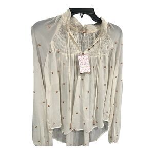 Free People Blouse Womens XS Ready to Run Embroidered Dot Smocked Georgette Top